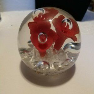 VINTAGE 1970's Glass Paperweight Northern Europe with Brick Red Lilies